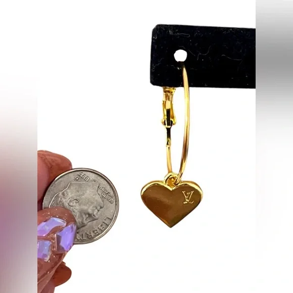 Upcycled Gold LV Louis Vuitton Stamped Charm Hoop Earrings - Picture 8 of 13